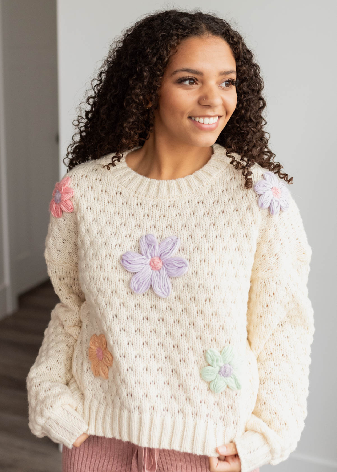 Ilsa Cream Knit Flower Sweater