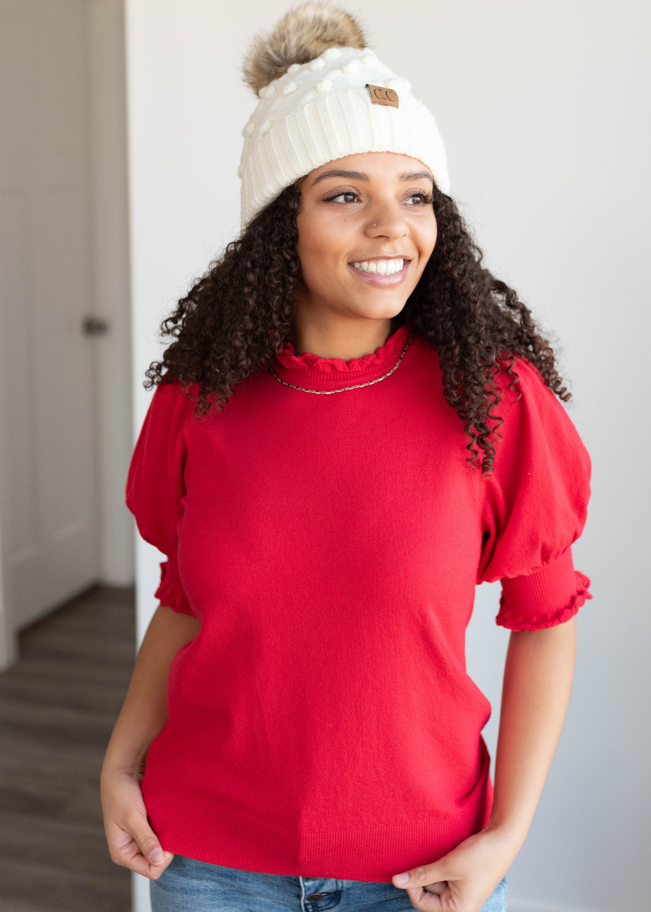 Itzel Red Puff Sleeve Sweater