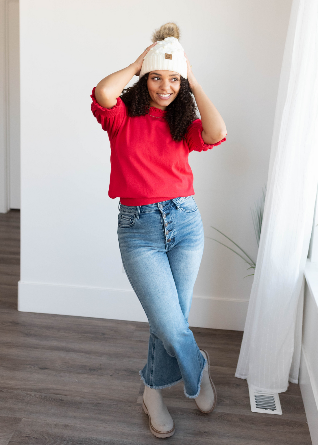 Itzel Red Puff Sleeve Sweater