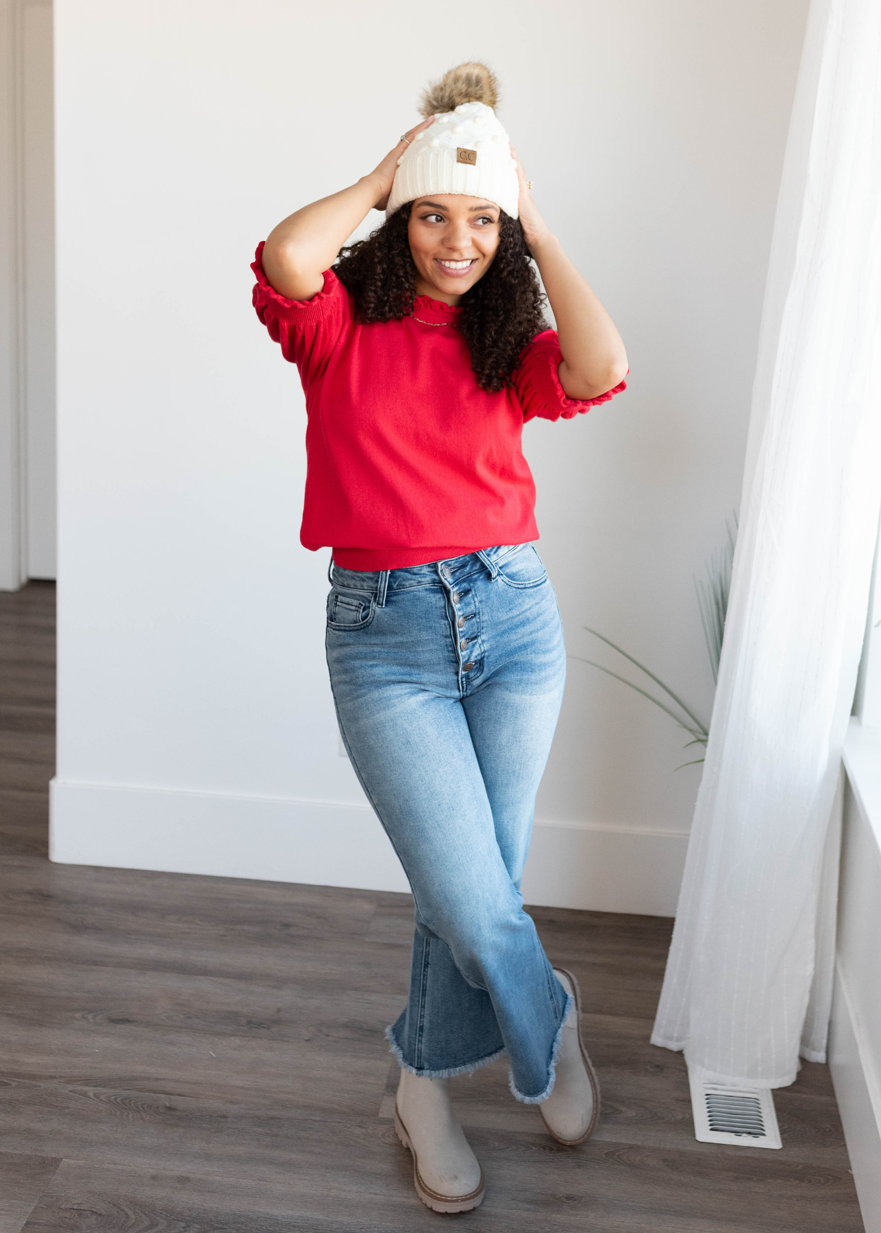 Itzel Red Puff Sleeve Sweater