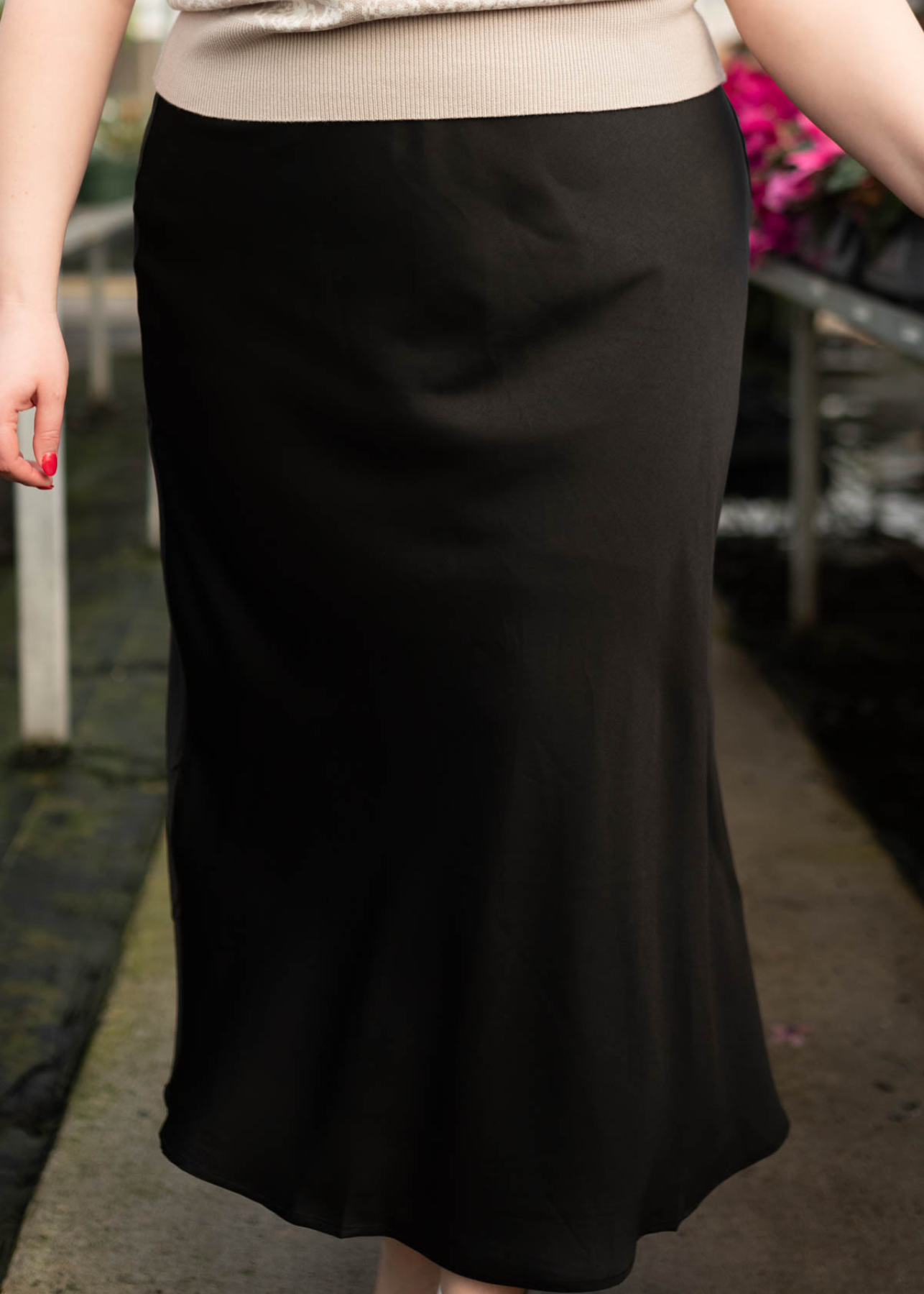 Ivy Black Satin Midi Skirt