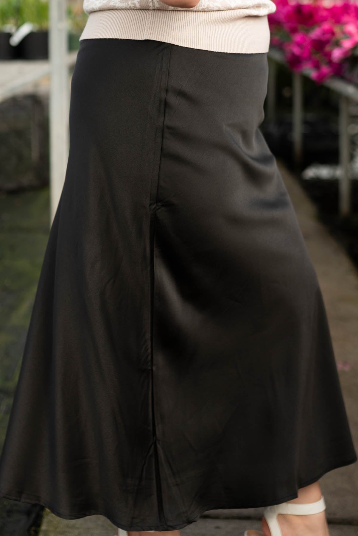 Ivy Black Satin Midi Skirt