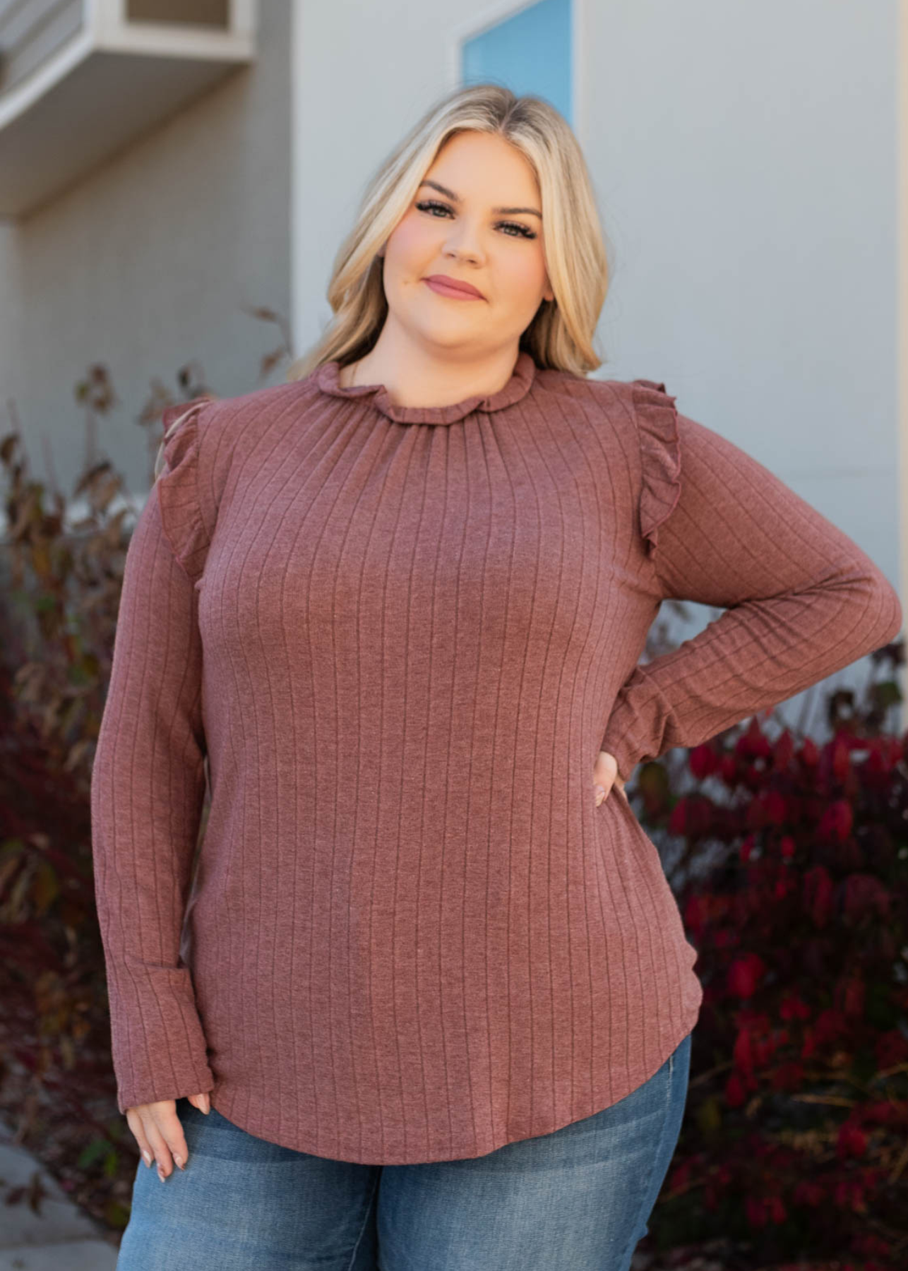 Jacelyn Burgundy Ruffle Long Sleeve Top