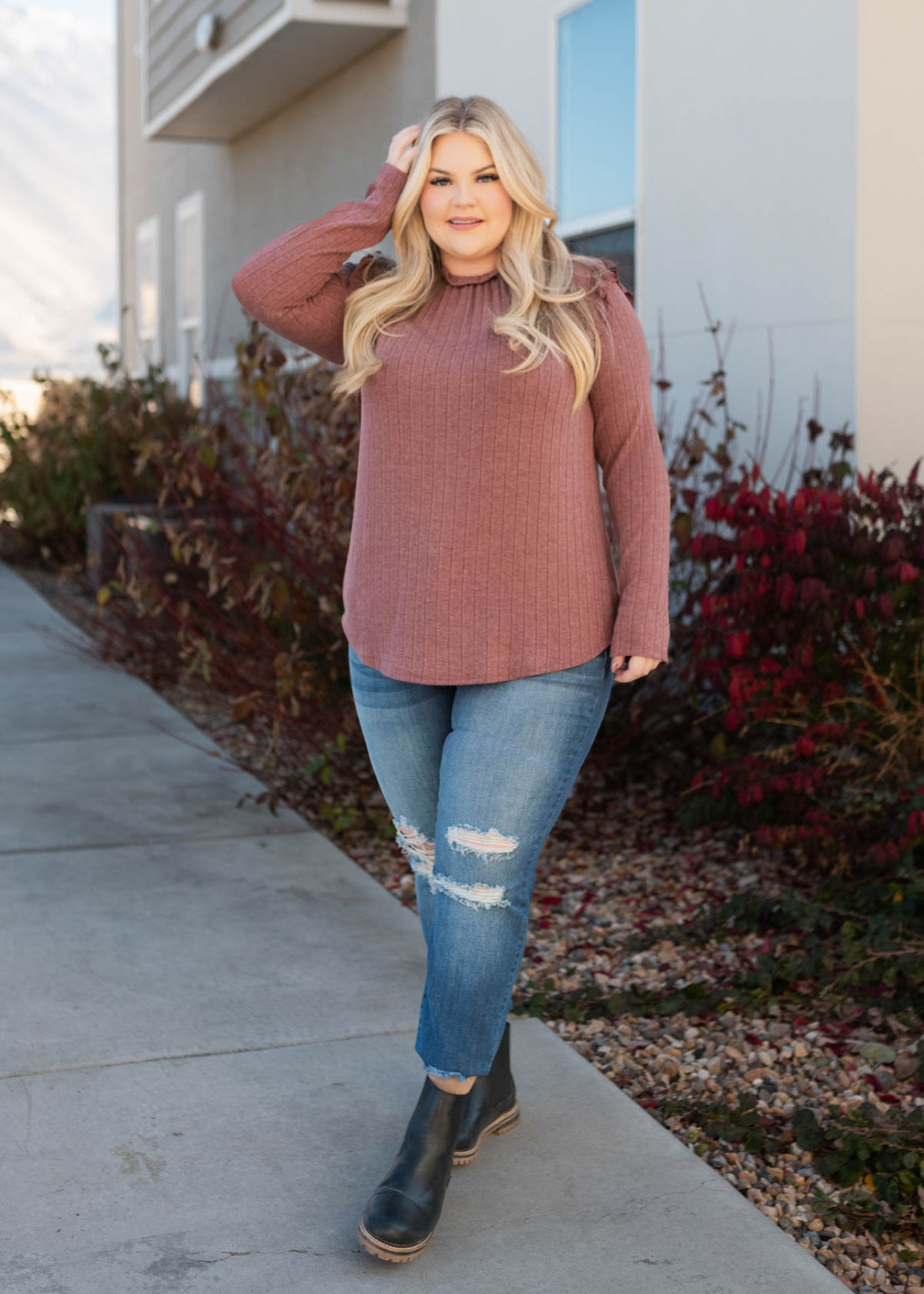 Jacelyn Burgundy Ruffle Long Sleeve Top