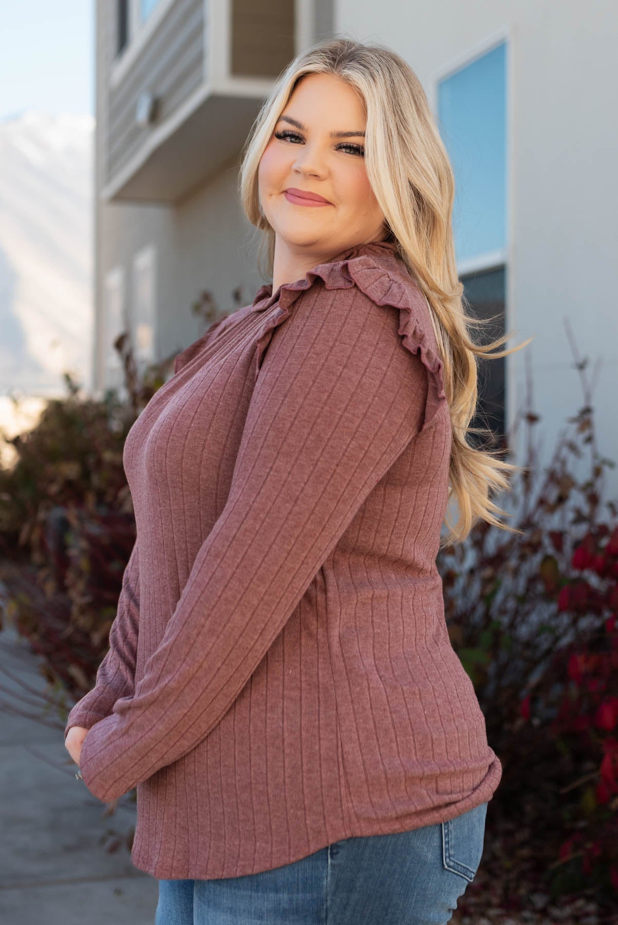 Jacelyn Burgundy Ruffle Long Sleeve Top
