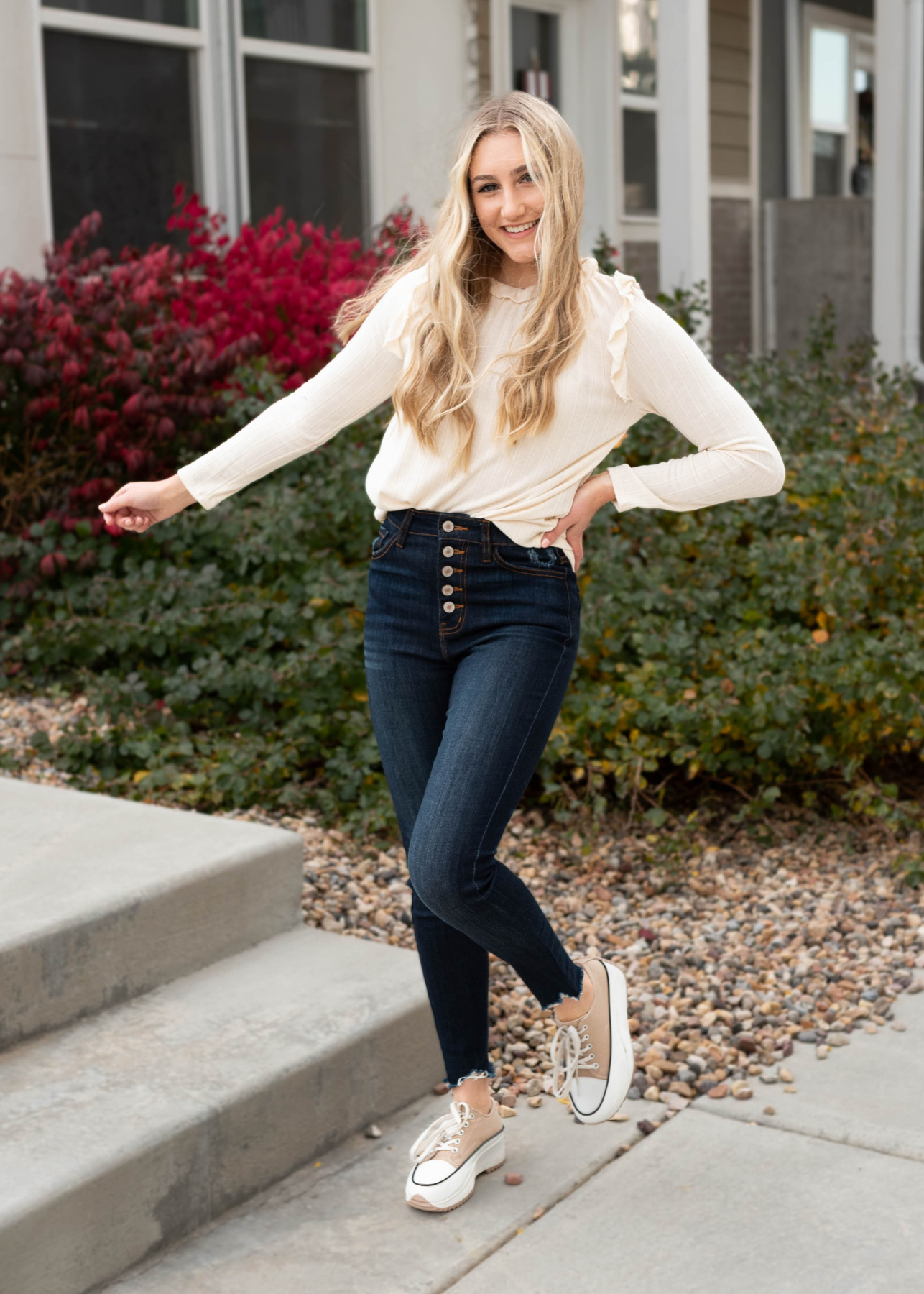 Jacelyn Cream Ruffle Long Sleeve Top