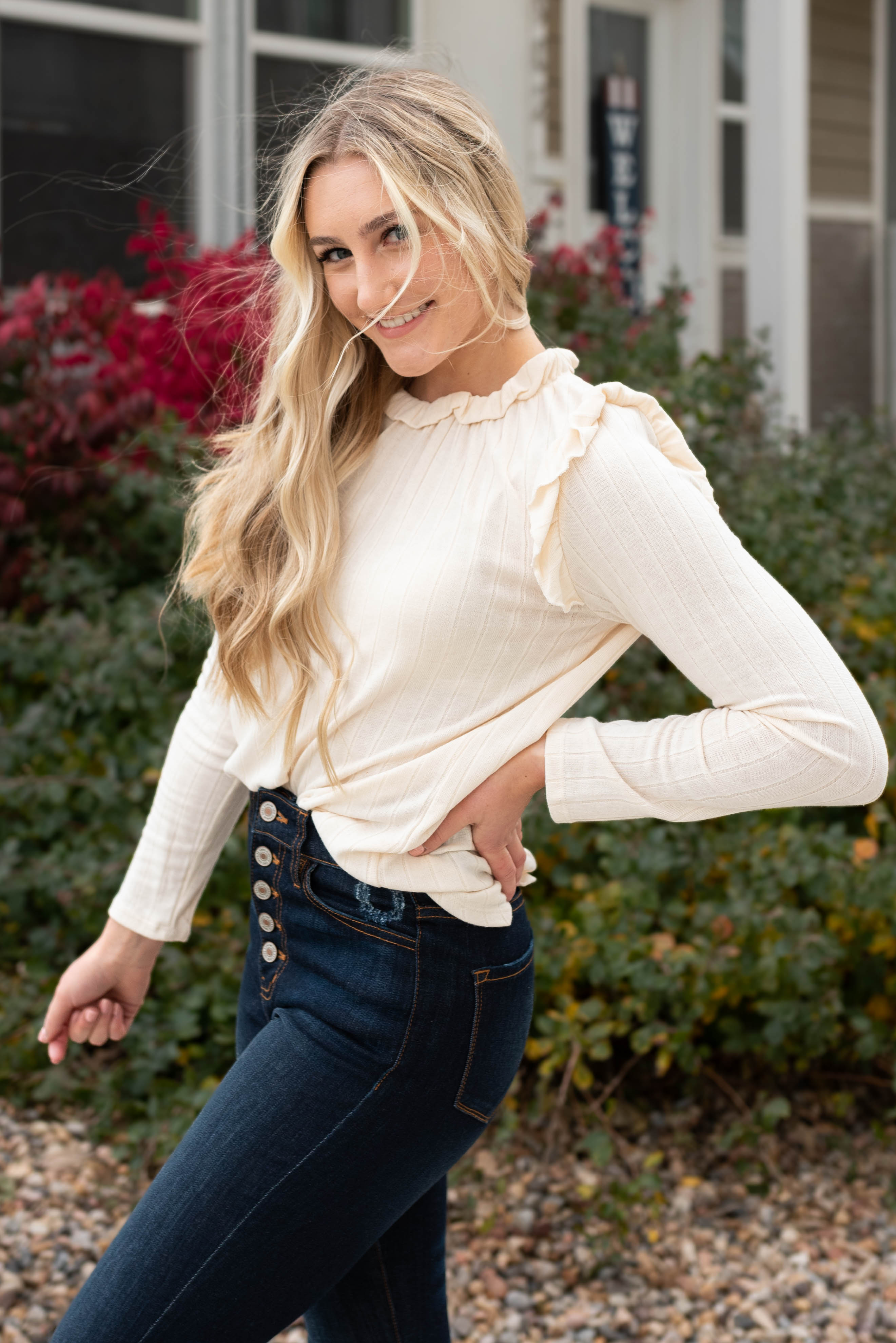 Jacelyn Cream Ruffle Long Sleeve Top