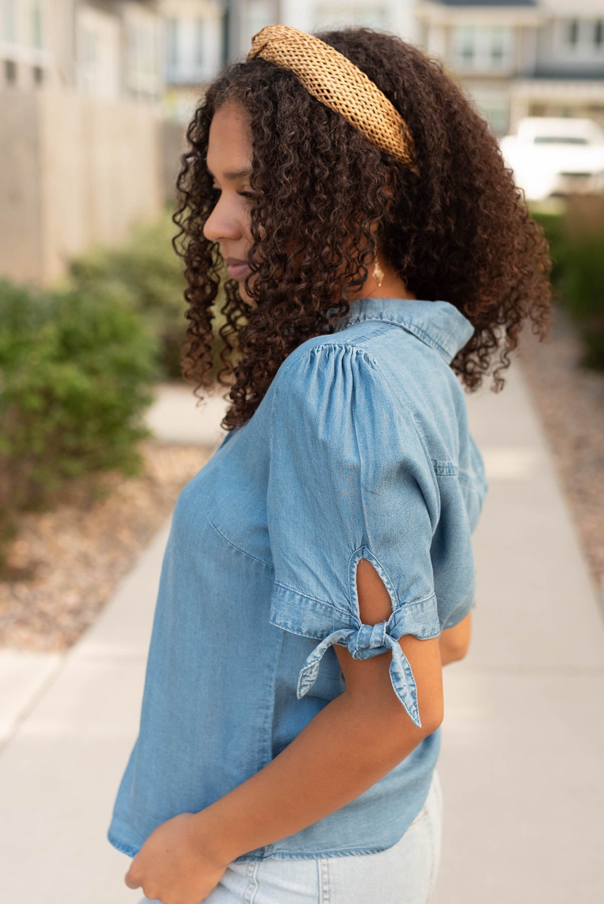 Jade Denim Tie Sleeve Top