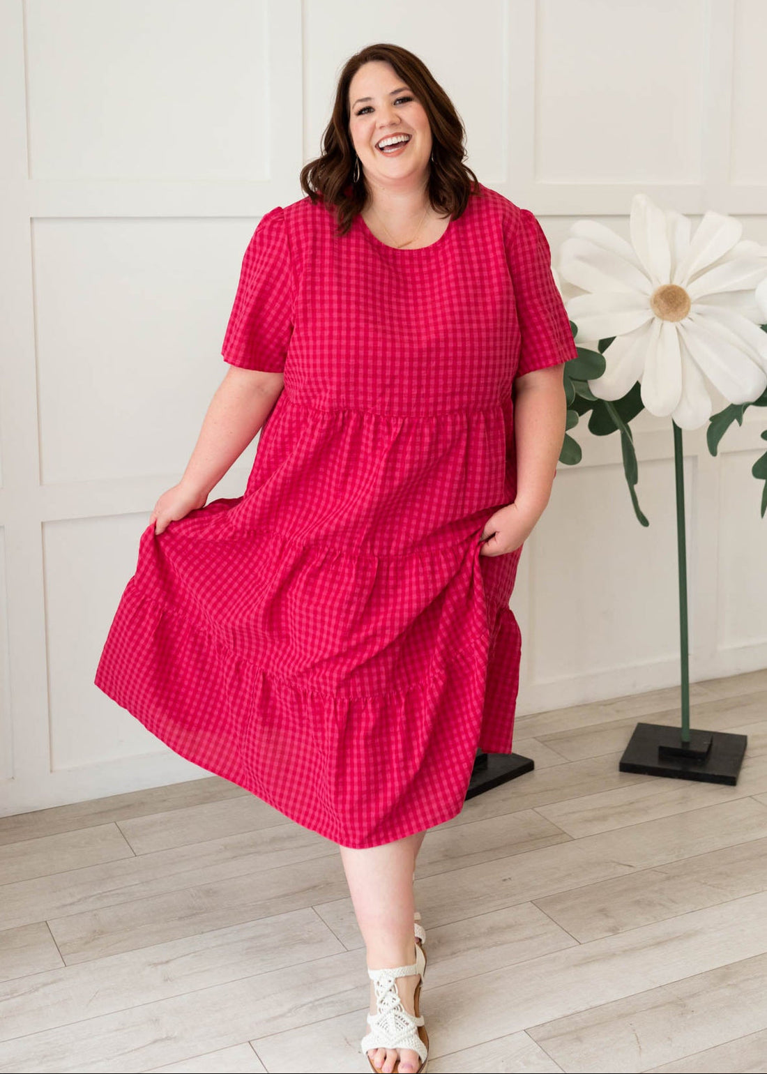 Jayne Hot Pink Gingham Tiered Dress