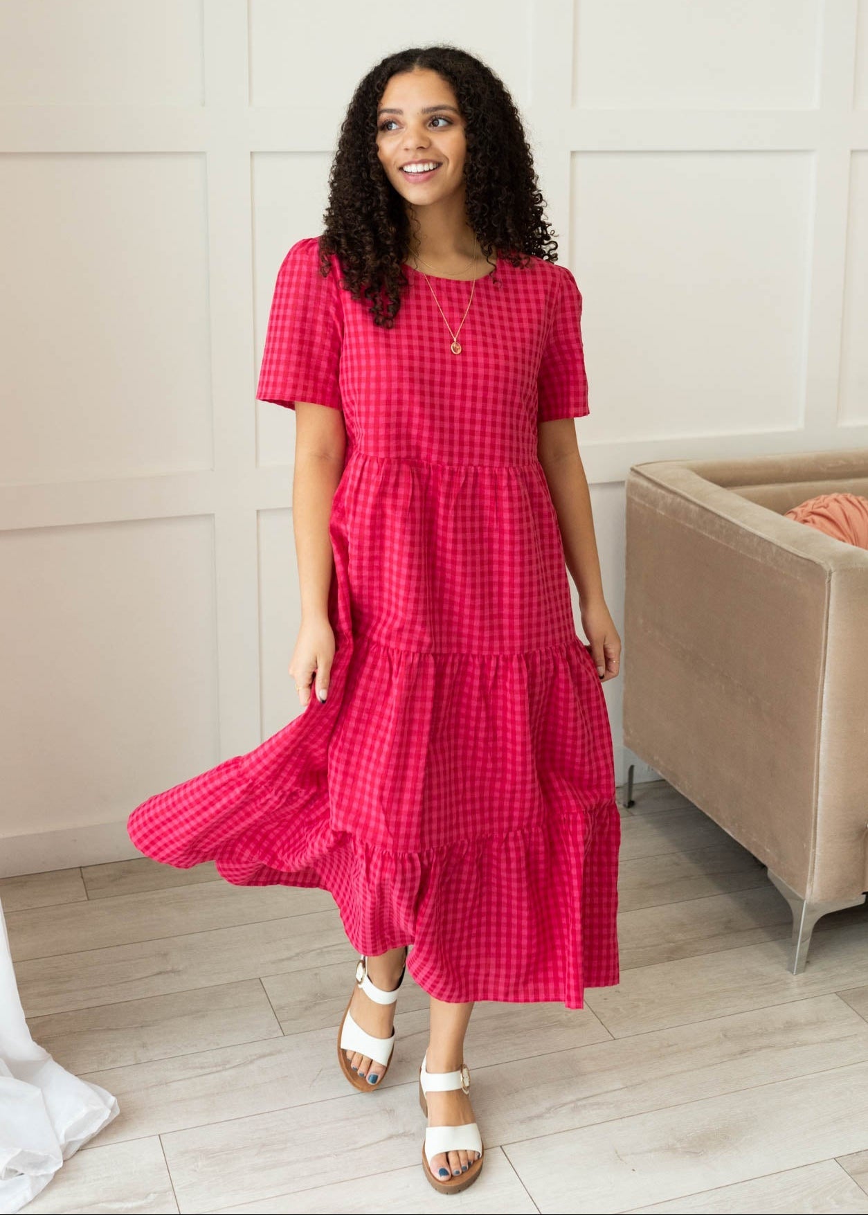 Jayne Hot Pink Gingham Tiered Dress