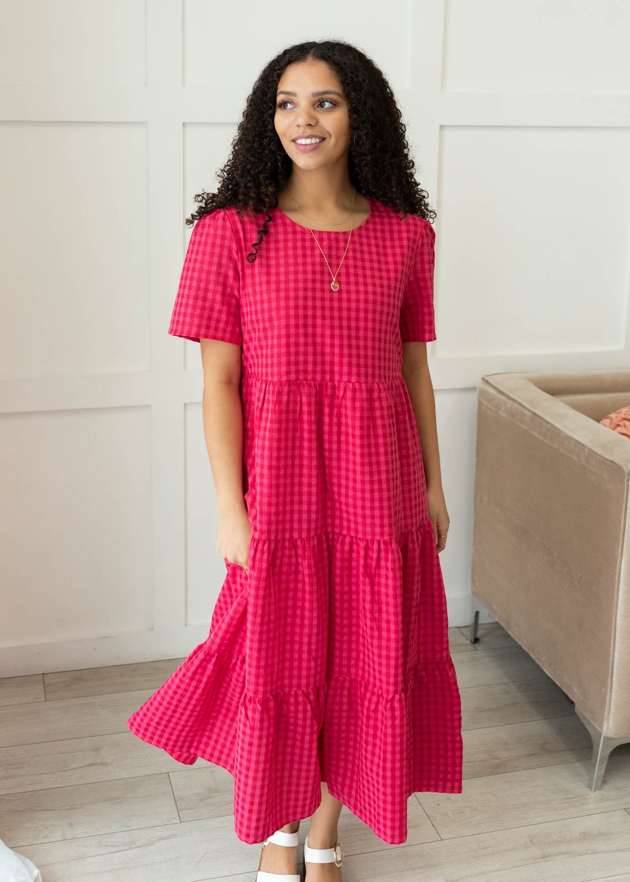 Jayne Hot Pink Gingham Tiered Dress