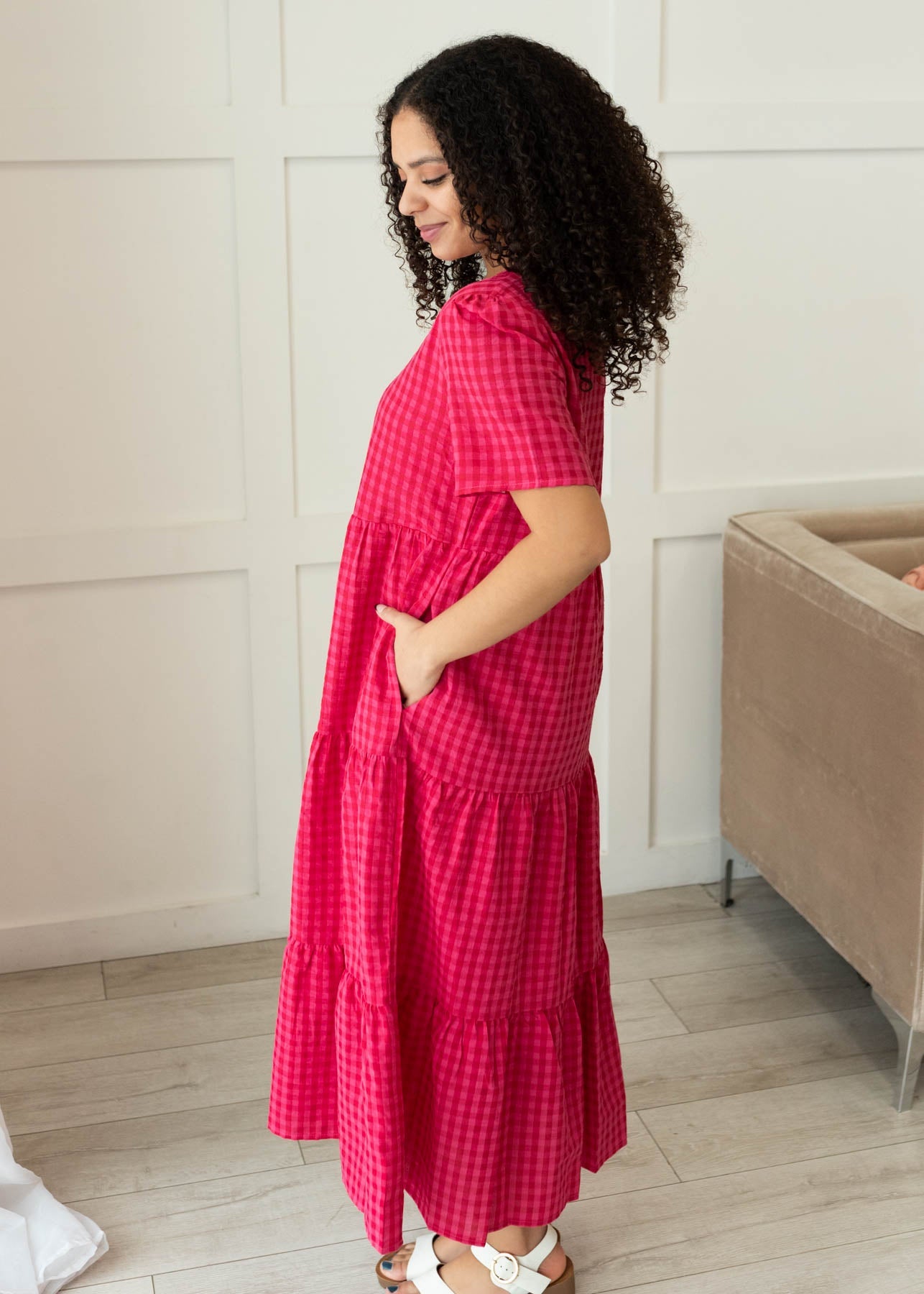 Jayne Hot Pink Gingham Tiered Dress