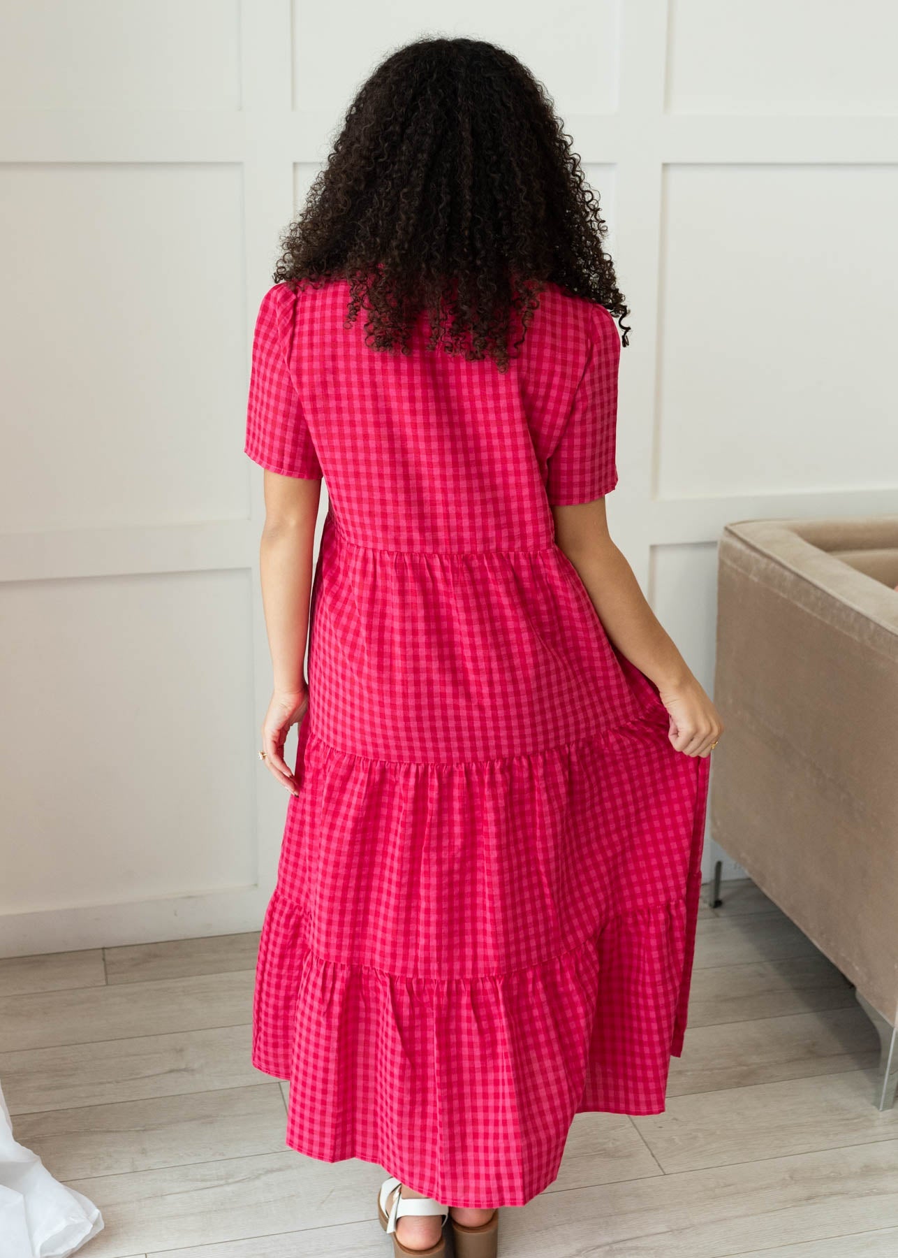 Jayne Hot Pink Gingham Tiered Dress