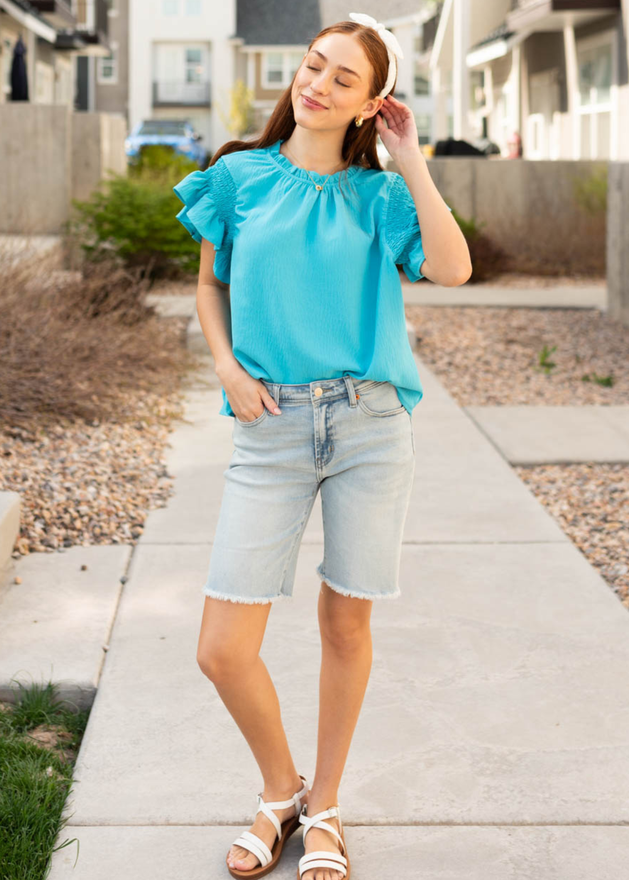Jayne Turquoise Ruffle Blouse