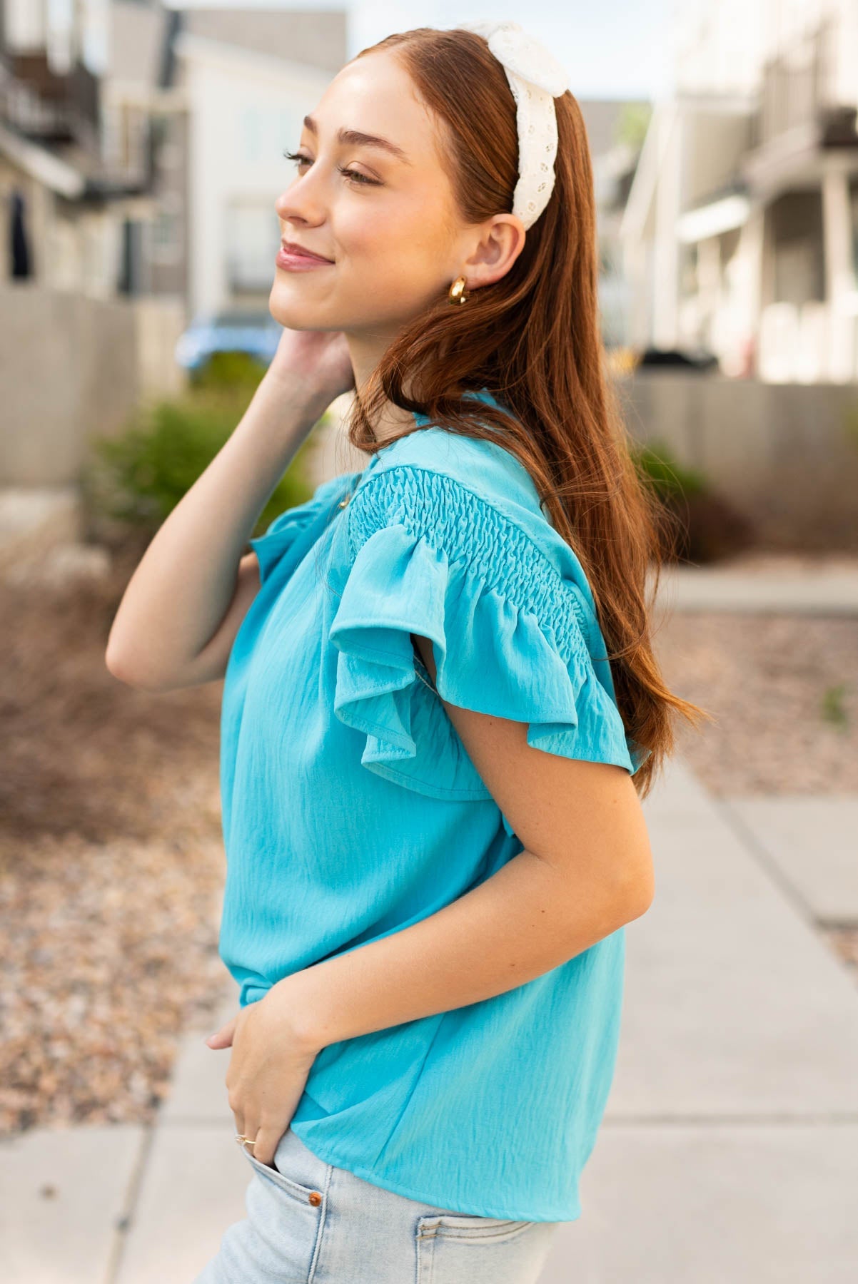 Jayne Turquoise Ruffle Blouse