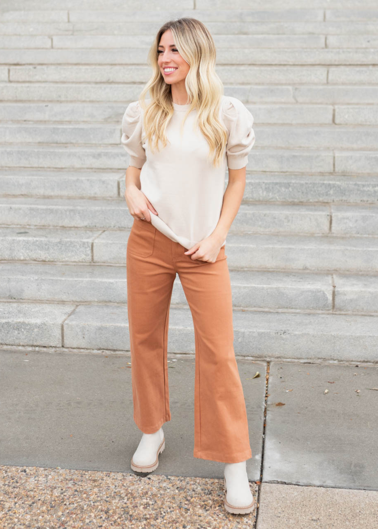 Jennifer Beige Puff Sleeve Sweater Top