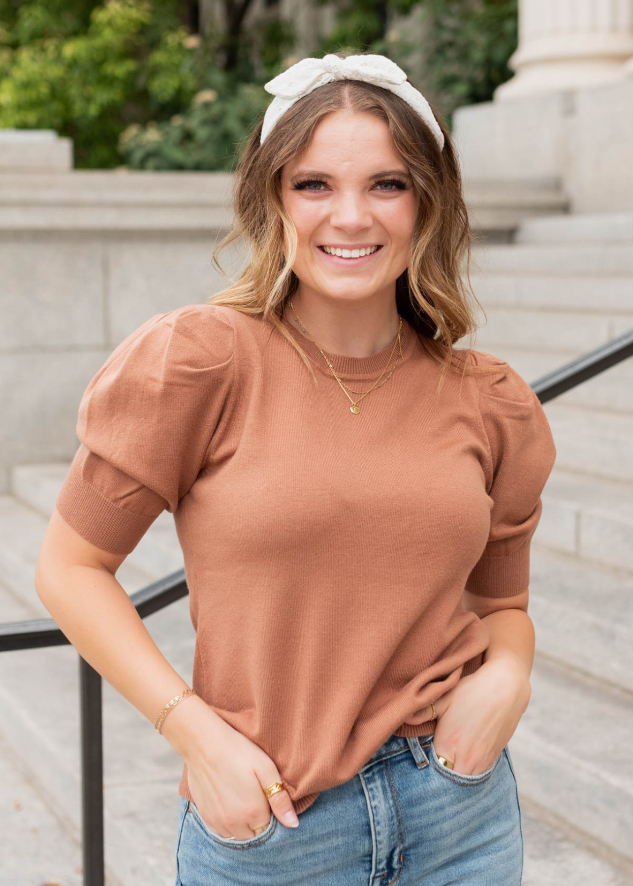 Jennifer Camel Puff Sleeve Sweater Top