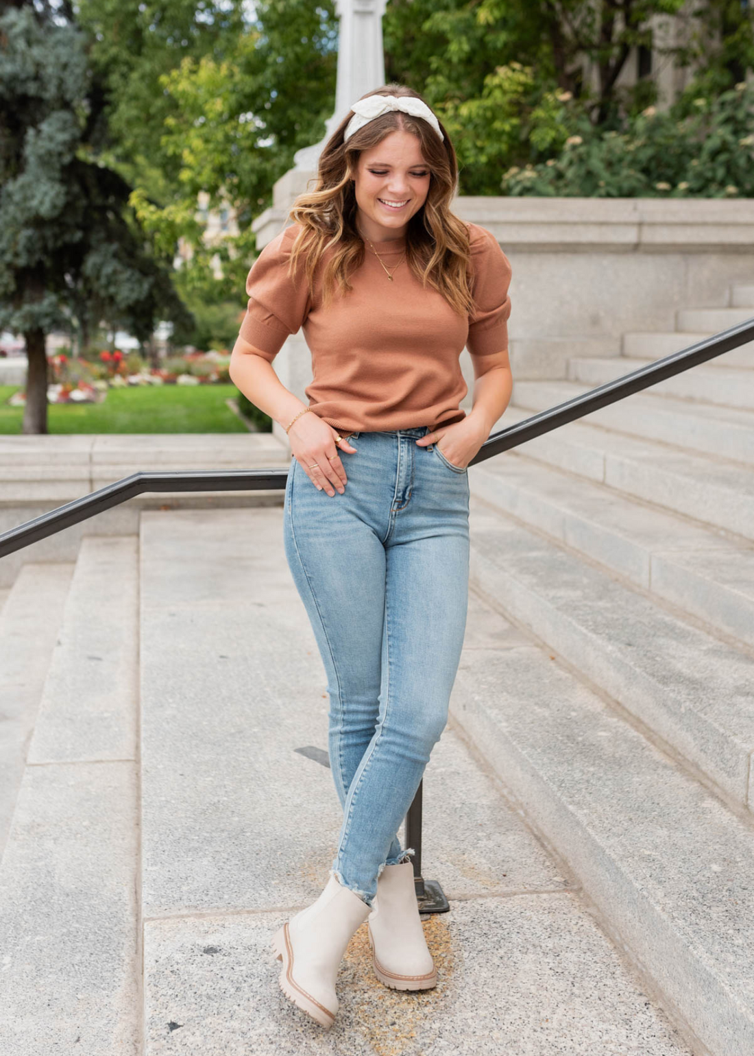 Jennifer Camel Puff Sleeve Sweater Top