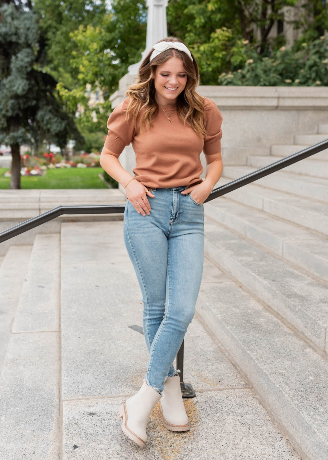 Jennifer Camel Puff Sleeve Sweater Top