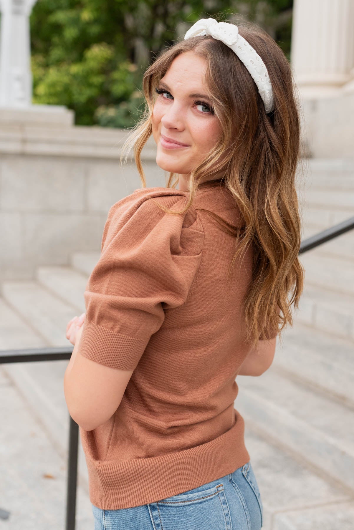 Jennifer Camel Puff Sleeve Sweater Top