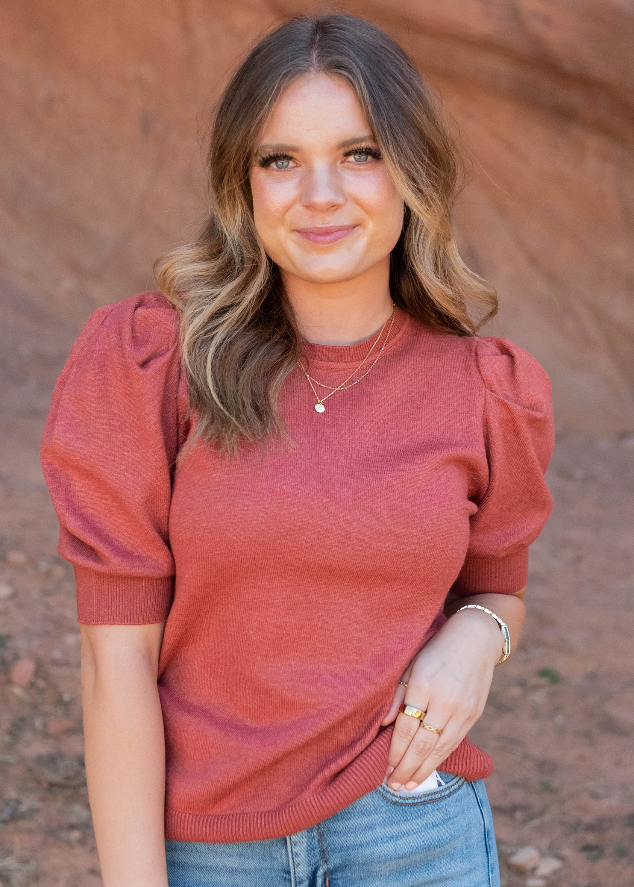 Jennifer Heather Rust Puff Sleeve Sweater Top