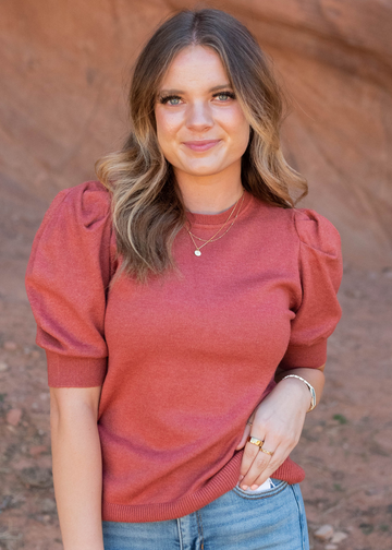 Jennifer Heather Rust Puff Sleeve Sweater Top
