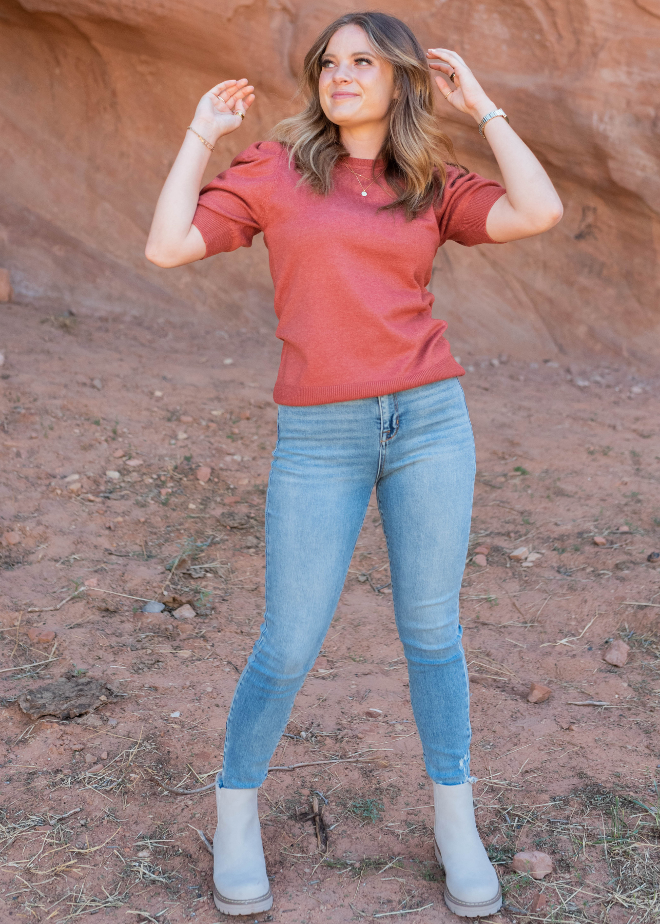 Jennifer Heather Rust Puff Sleeve Sweater Top