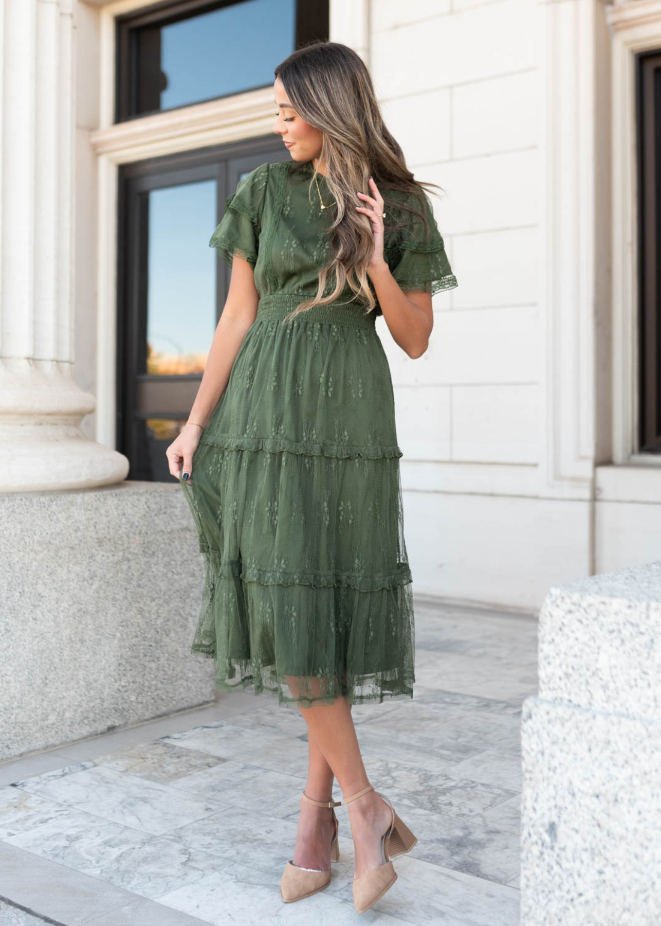 Jentry Dark Green Floral Lace Dress
