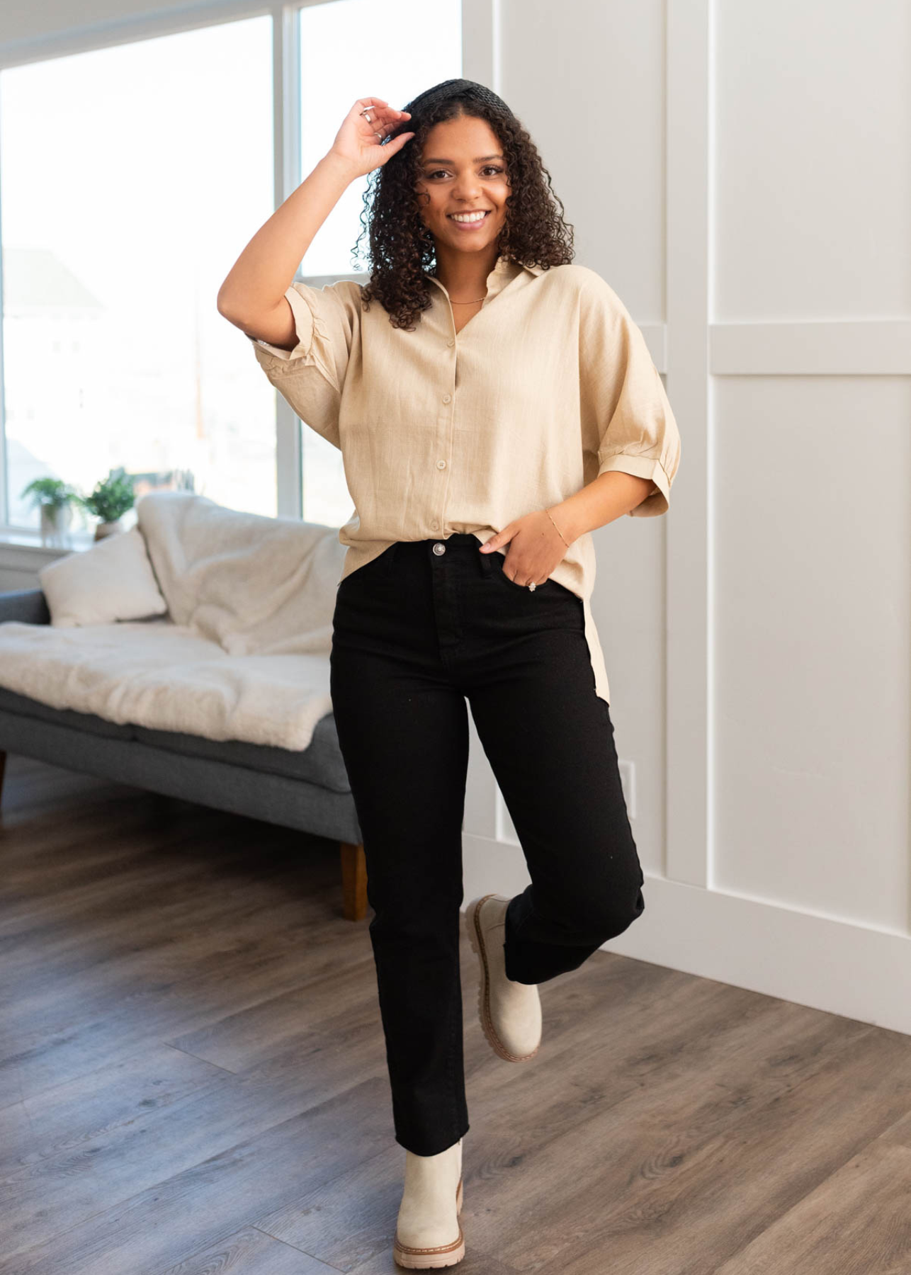 Jo Taupe Linen Button Down Shirt
