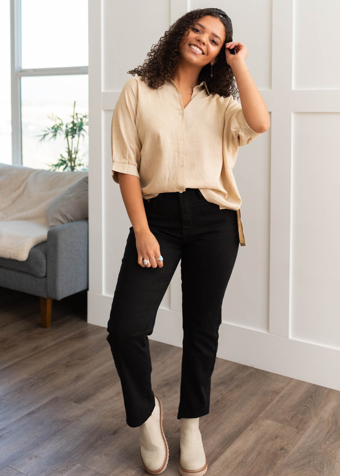 Jo Taupe Linen Button Down Shirt