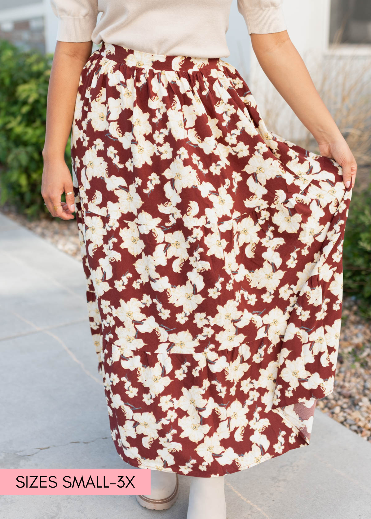 JoVonna Burgundy Multi Floral Skirt