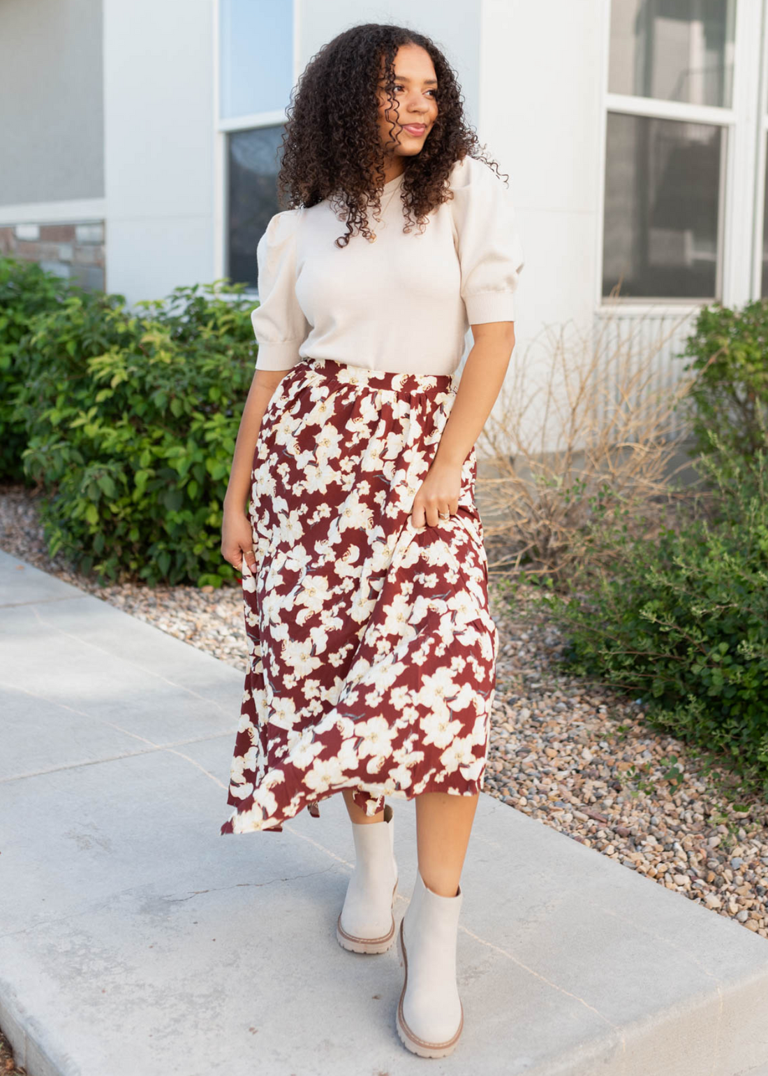 JoVonna Burgundy Multi Floral Skirt