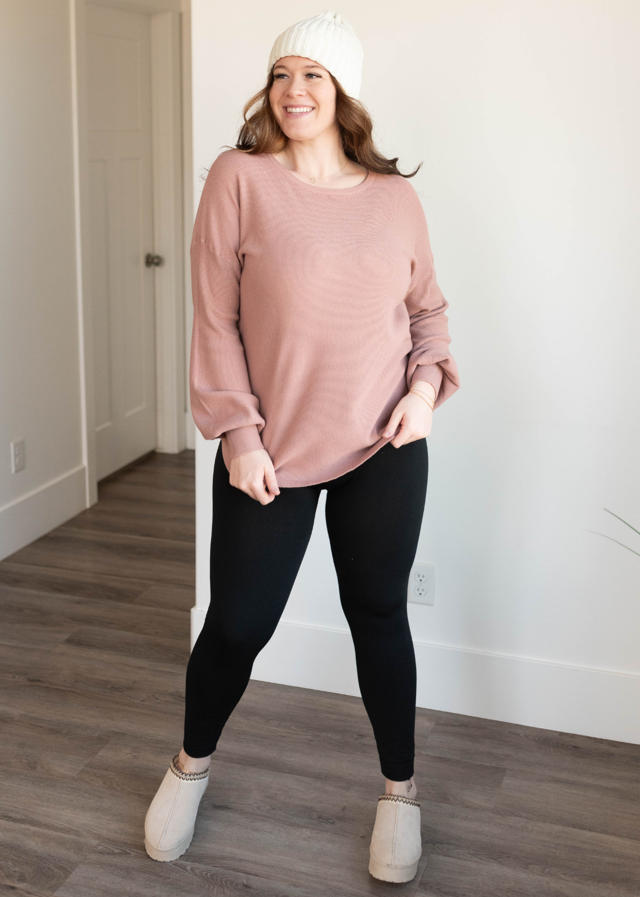 Joci Dusty Rose Waffle Long Sleeve Top