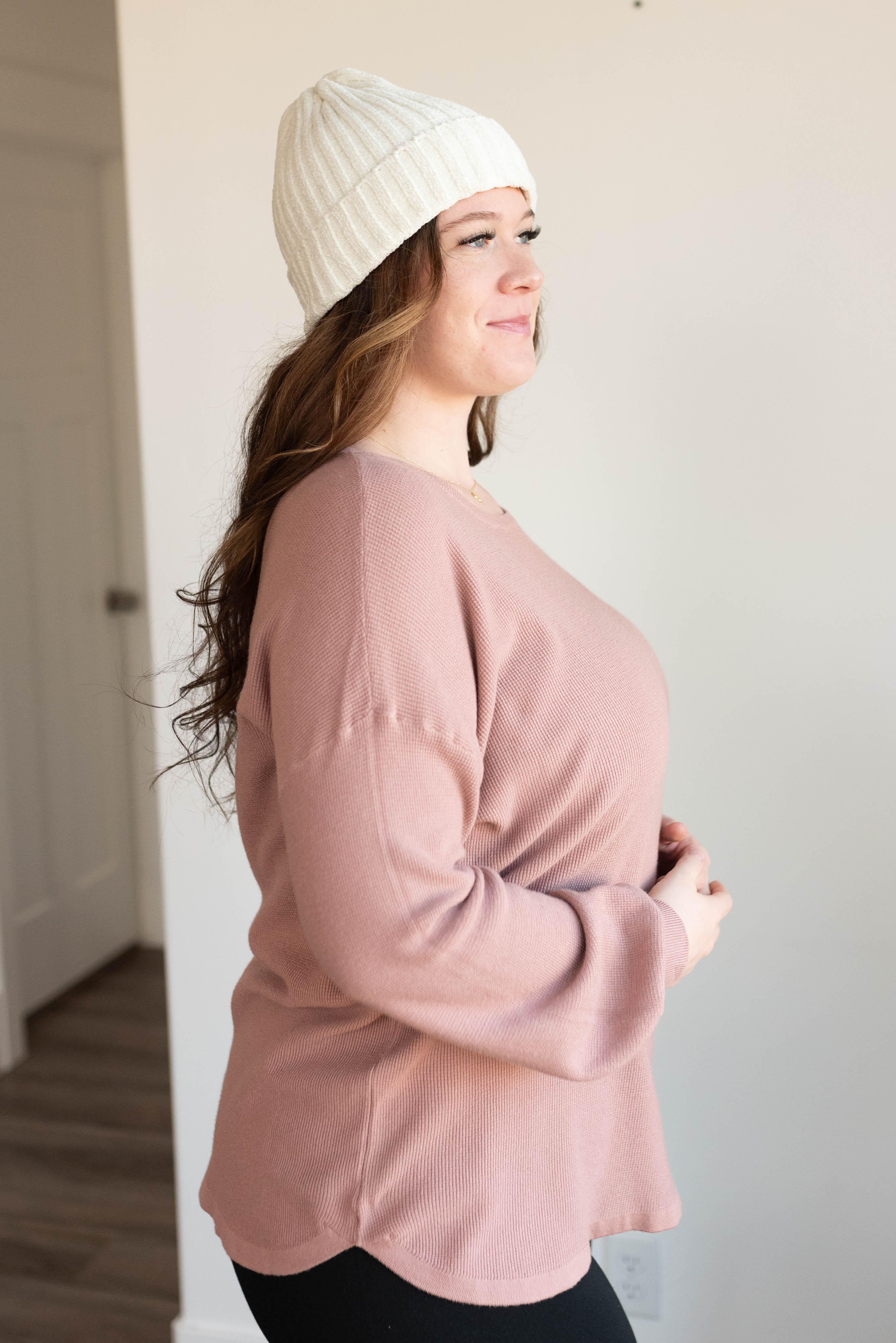 Joci Dusty Rose Waffle Long Sleeve Top
