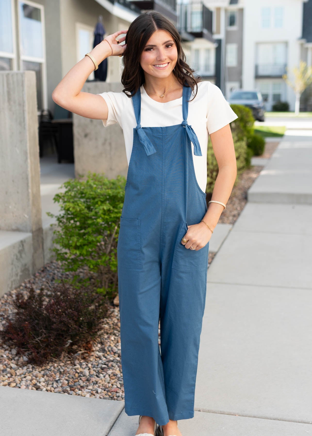 Jodi Dusty Blue Knot Strap Overall