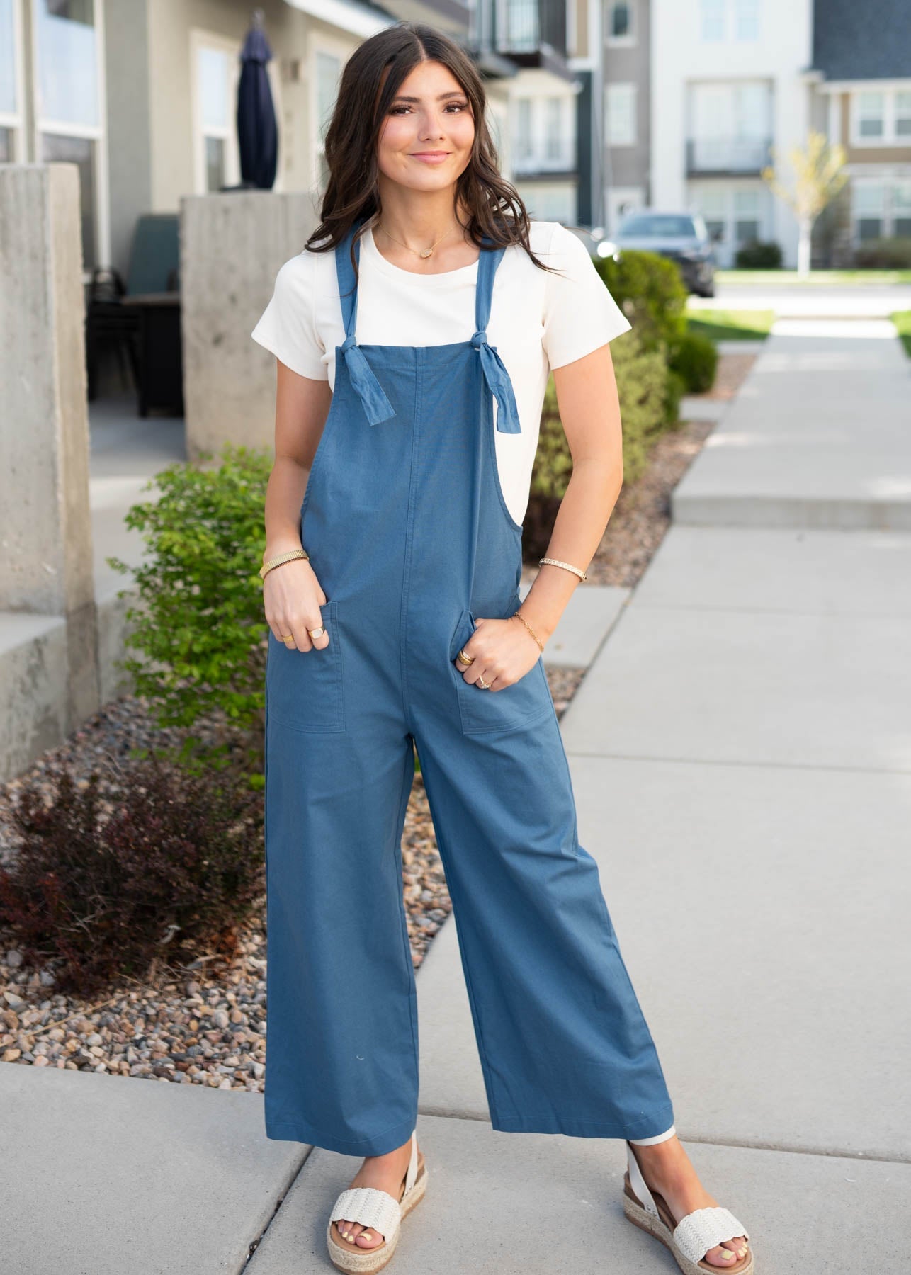 Jodi Dusty Blue Knot Strap Overall