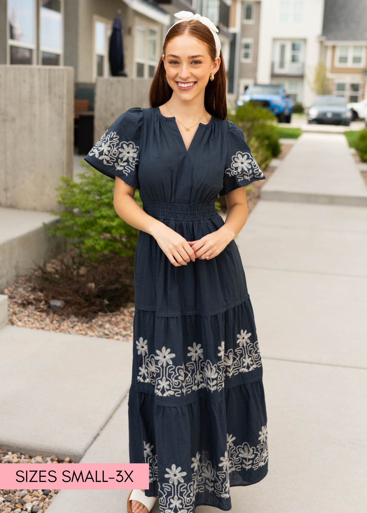 Jolie Navy Embroidered Detail Dress