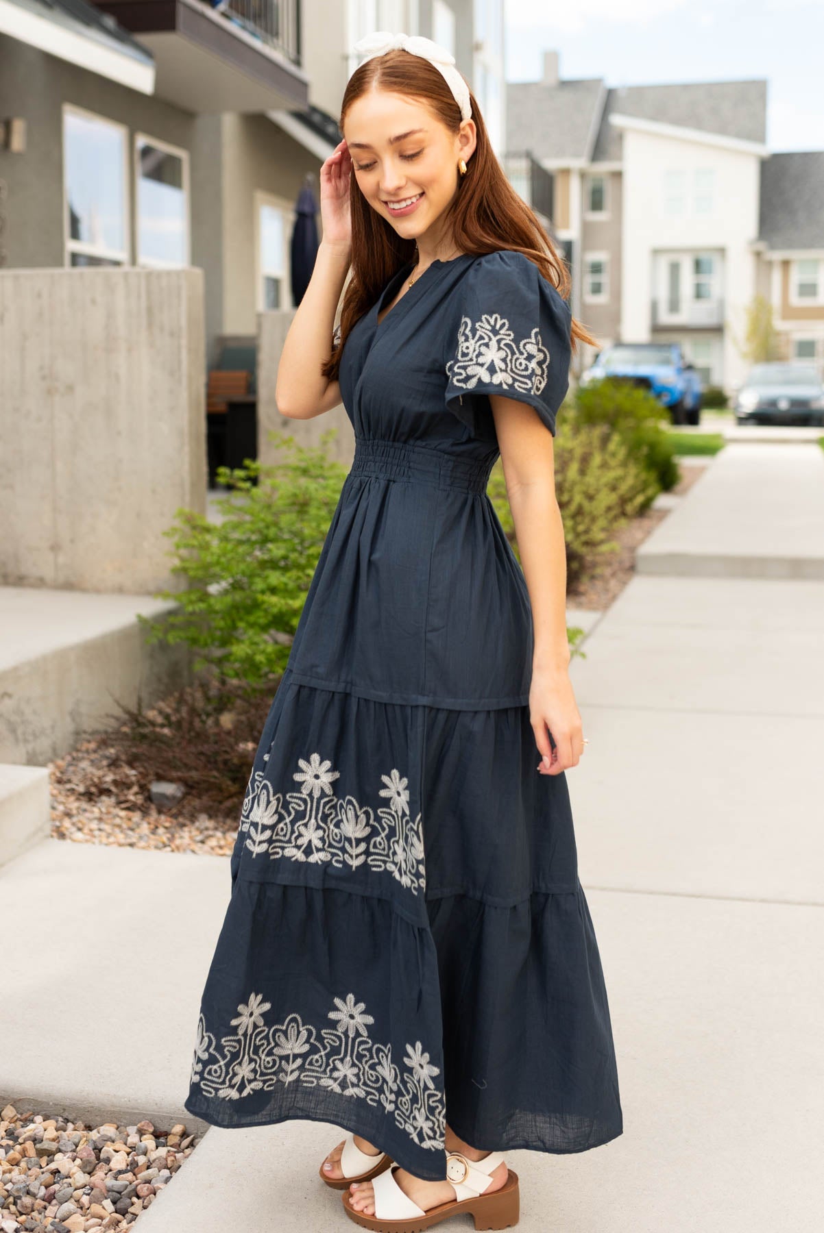 Jolie Navy Embroidered Detail Dress