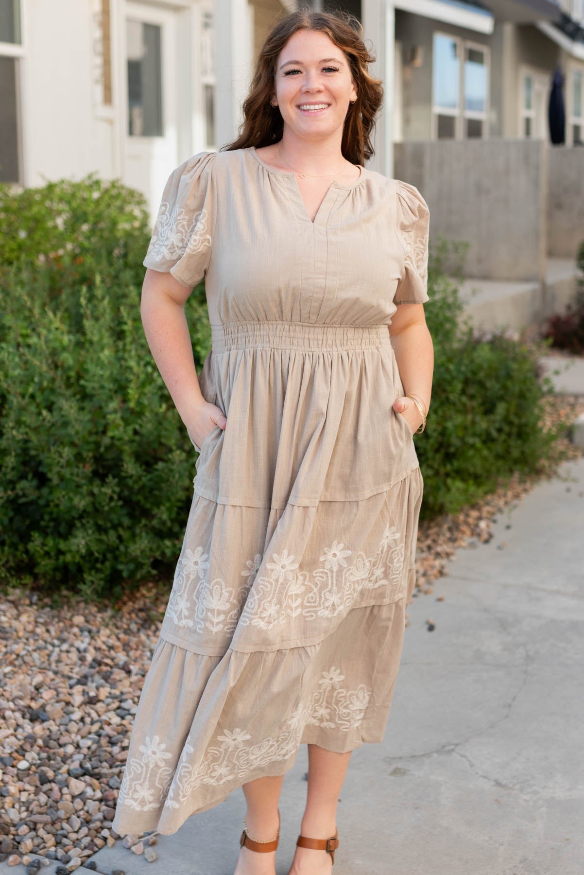 Jolie Taupe Embroidered Detail Dress