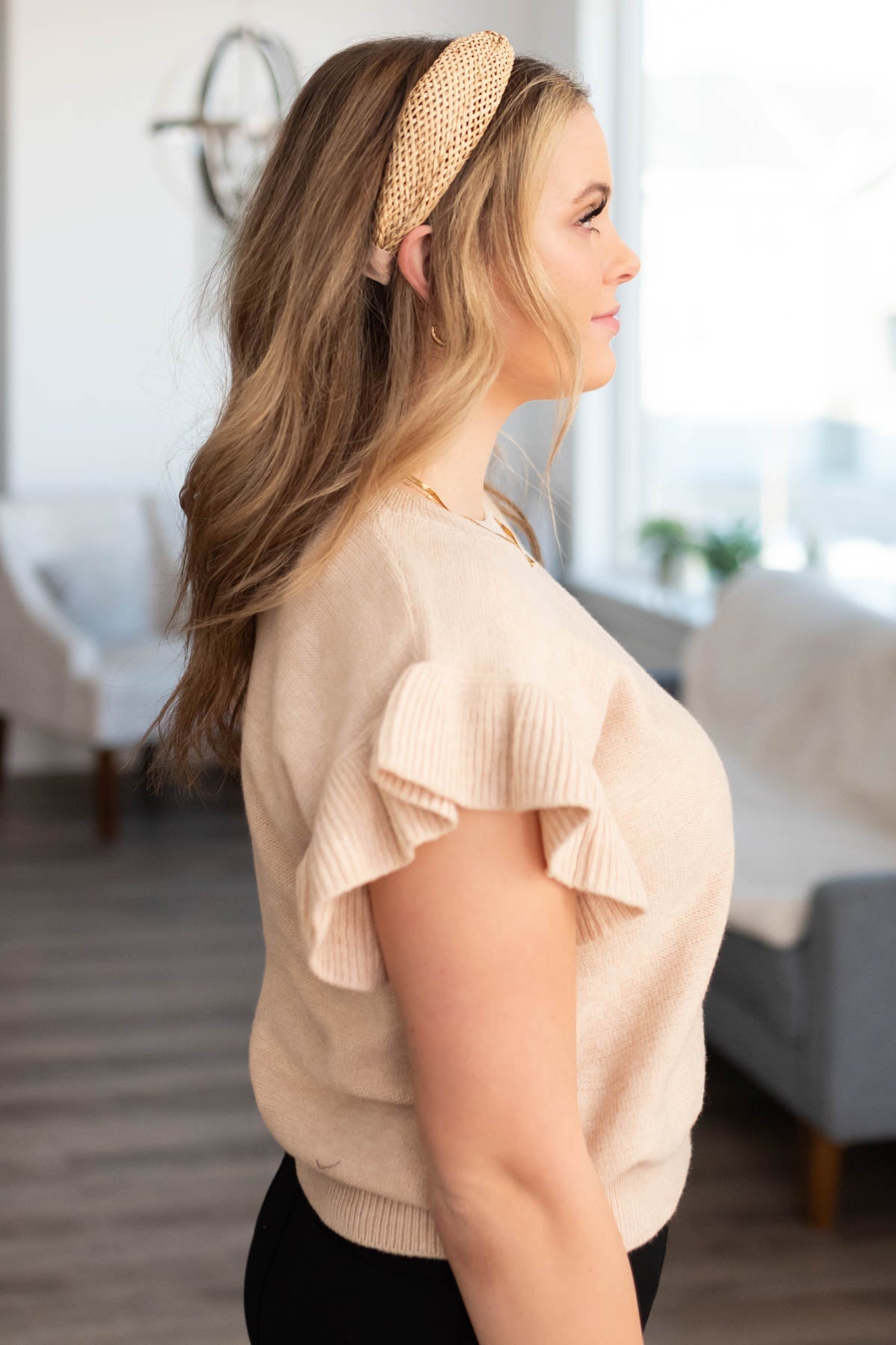 Jonni Beige Ruffle Sleeve Knit Top