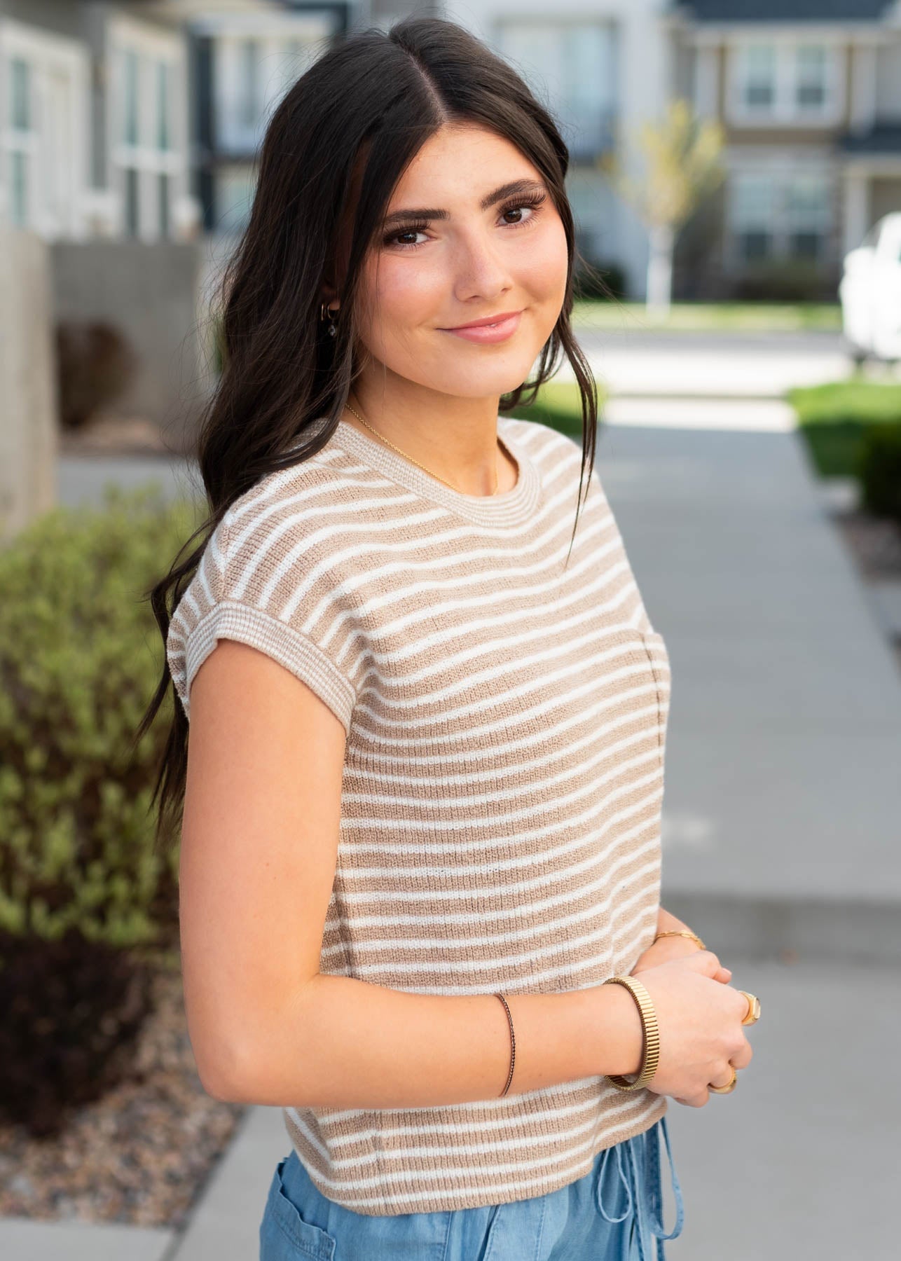 Joy Light Brown Striped Knitted Top