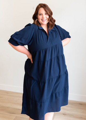 Julia Navy Collared Tiered Dress