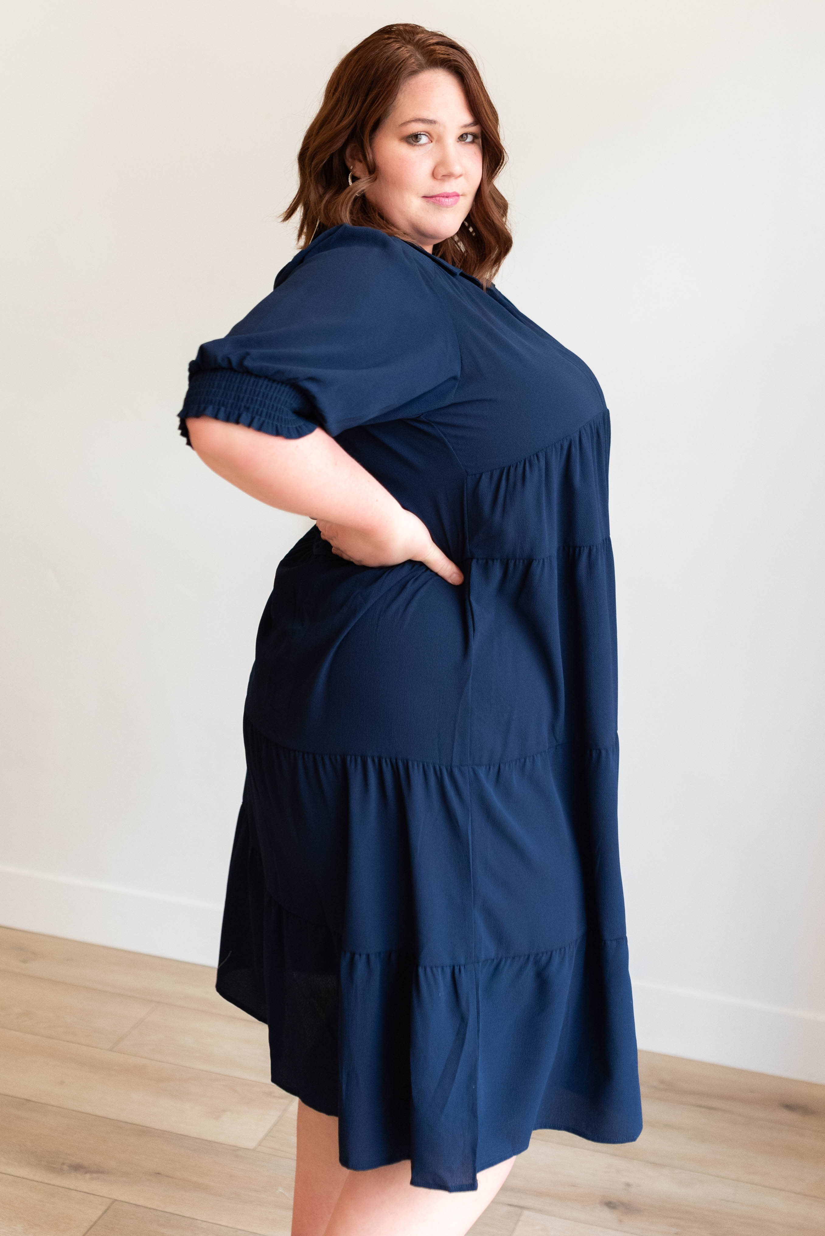 Julia Navy Collared Tiered Dress