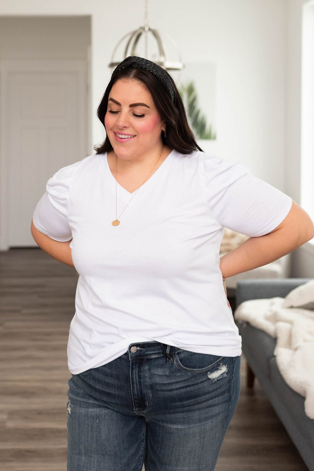 Kaci White V Neck Puff Sleeve Top