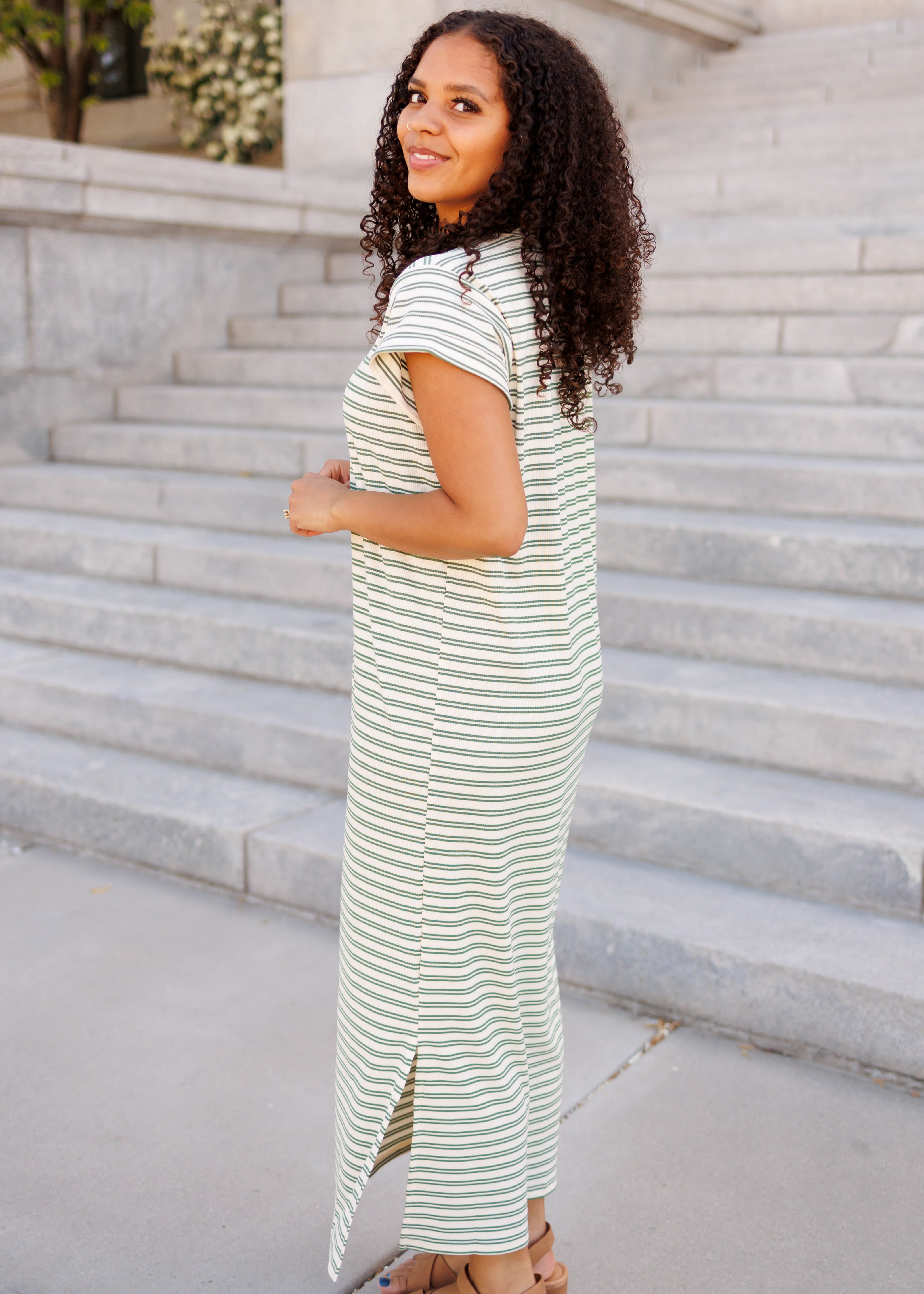 Kaelin Green Striped T-Shirt Dress
