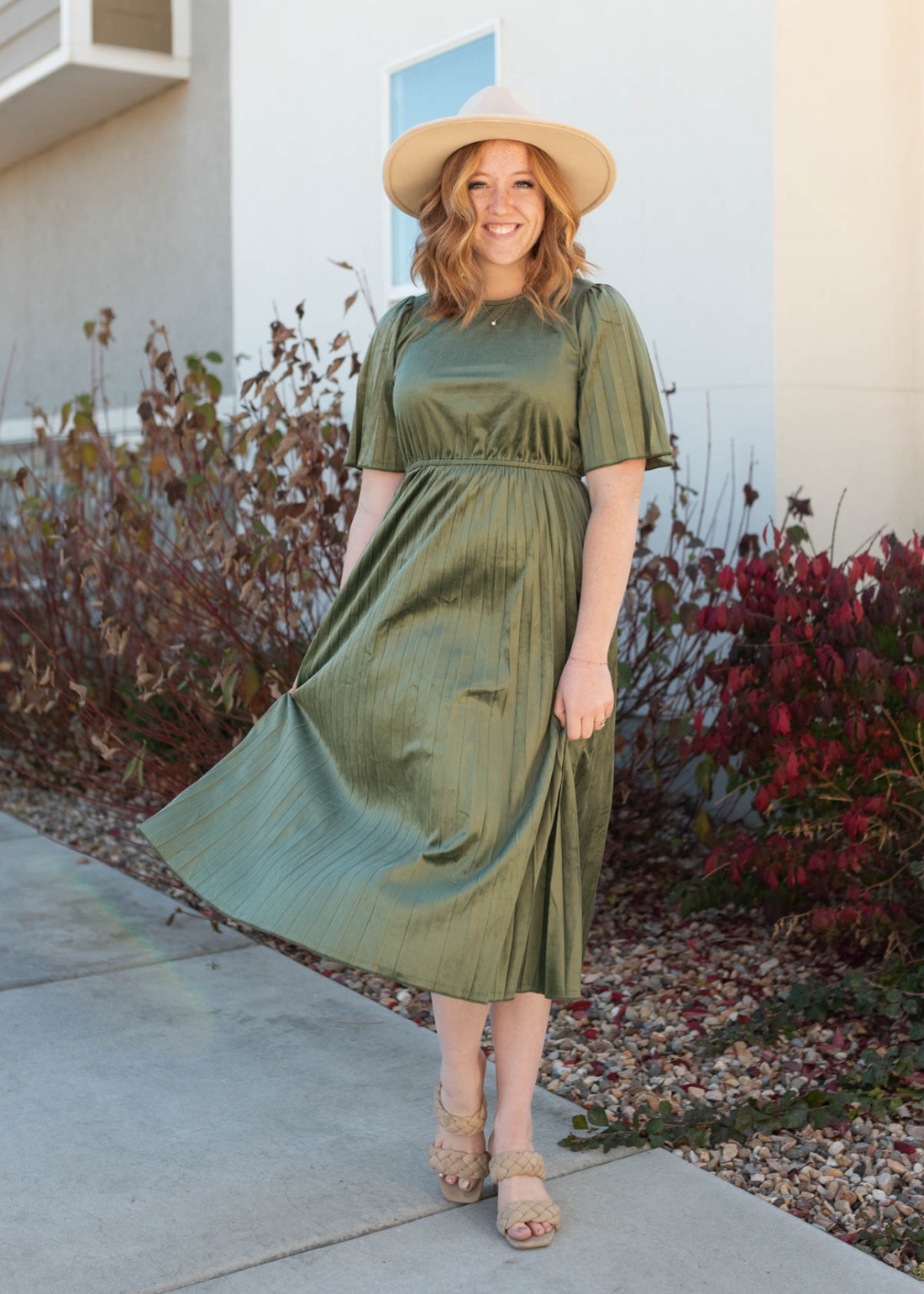 Kahlani Olive Pleated Velvet Dress