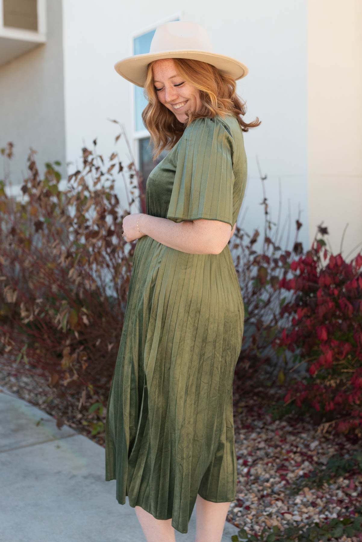 Kahlani Olive Pleated Velvet Dress