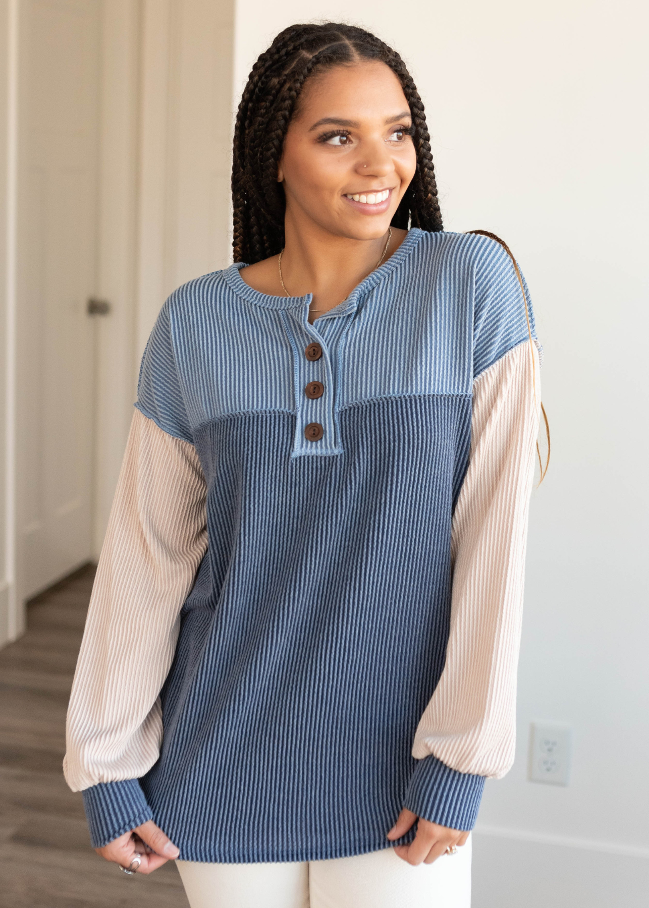 Kaitlyn Dark Denim Color Block Top