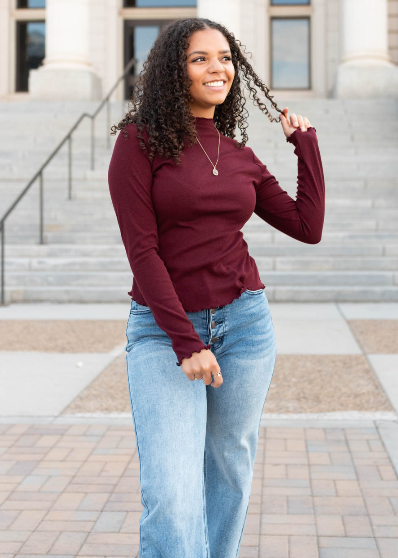 Kaylin Burgundy Ruffle Ribbed Top