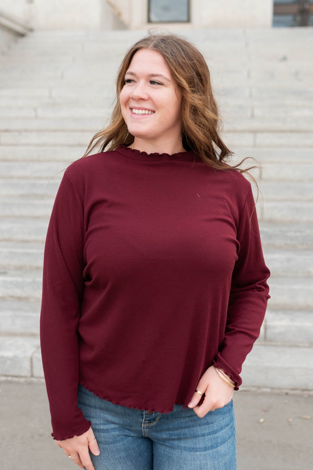 Kaylin Burgundy Ruffle Ribbed Top